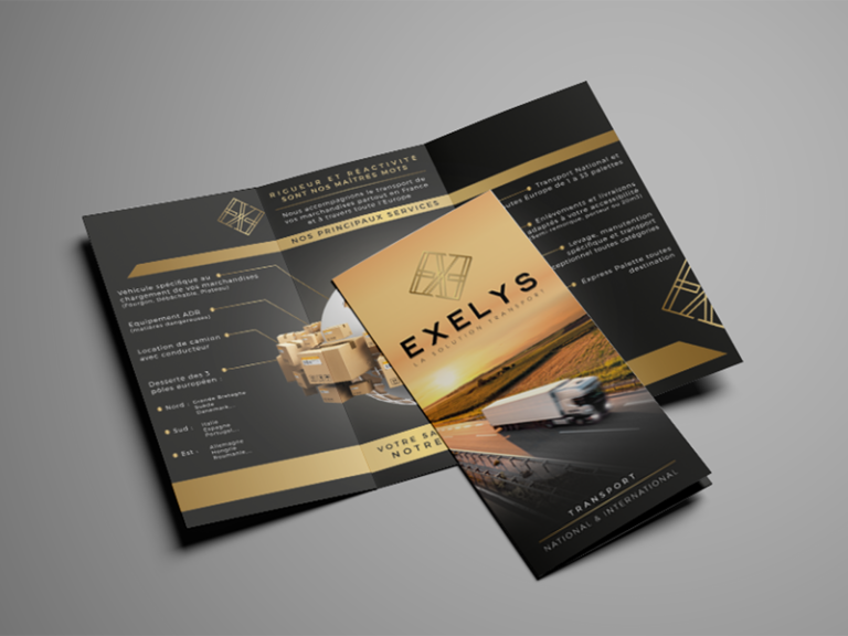 Création de dépliant et support de communication pour exelys transport, réalisée par Margarita Pautrat graphiste freelance à Perpignan.